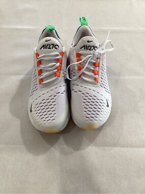 Nike Air 270 White Sneakers with Orange Lace Loops and Green Heel Tabs